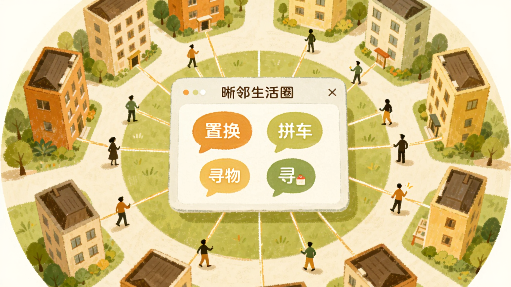 画面展示一个圆形社区俯瞰场景,中心为“晰邻生活圈”邻里互动界面浮层,浮层内包含闲置置换、拼车、寻物等气泡图标;周围环绕不同楼栋与人物剪影,以连线表示信息互通;整体风格为温暖插画风,色调橙黄与浅绿搭配;构图以圆形为中心向外辐射,画质细腻,背景简洁无干扰