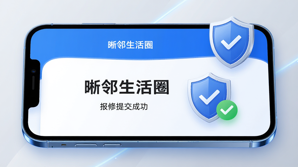 画面为一部手机屏幕特写,屏幕上显示“晰邻生活圈”报修提交成功页面,旁边放置一个盾牌图标与对勾标记,象征安全与完成;布局为手机居中,盾牌位于右上角;风格为简洁科技感,配色蓝白为主;细节上手机边缘有轻微光晕,背景为浅灰渐变,画质清晰干净,无多余文字元素