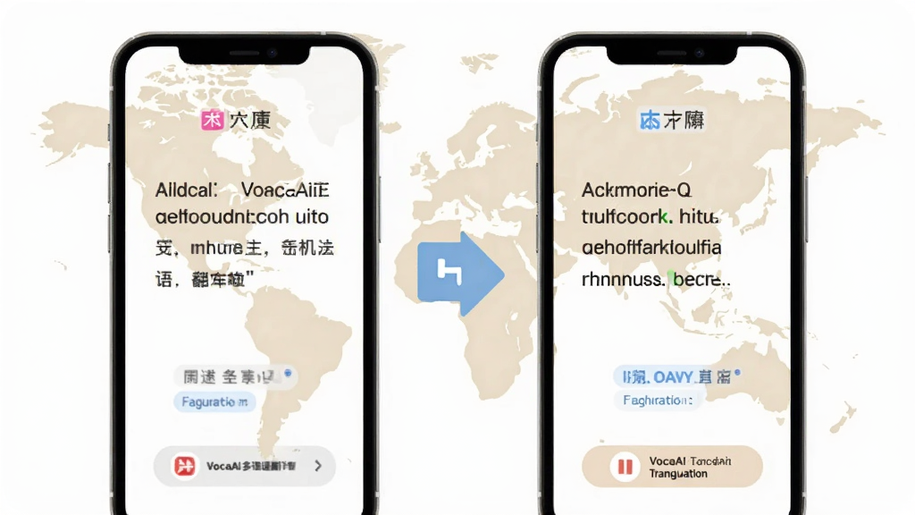 画面展示VocaAI多语种翻译功能,手机屏幕左右分别显示中文与英文对照文本,中间有翻译箭头连接,背景为浅色世界地图轮廓,风格清新简洁,布局居中对称,细节包含语言标签和翻译按钮,画质明亮干净