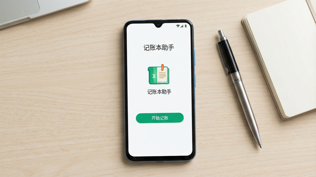 一张干净整洁的手机桌面场景,画面中央是一部竖屏安卓手机,手机屏幕上显示“记账本助手”的启动界面,界面包含账本图标与“开始记账”按钮,背景为浅米色木质桌面,旁边放着一支笔和一个小笔记本,整体风格清新简约,光线柔和,画质清晰锐利,无多余杂物