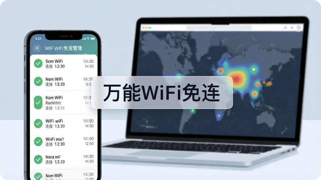 ����������һ̨�򿪵ıʼǱ�������һ���ֻ�����չʾ���ֻ���Ļ��������WiFi���������Ӽ�¼����ҳ�棬ҳ�����г�����WiFi����������ʱ�䣻������Ļͬ����ʾ�ȵ�ֲ���ͼ������Ϊ���Ҳ��й�ͼ���ֻ���ǰ���������ڱ������Ű��ϻ��������ð�͸����ǩ��ע����WiFi���������Ϊ������칫�廭�磻ϸ�������Ӽ�¼��Ŀ���жԹ�ͼ����ʱ���������Ϊǳ���ҵ�������ϸ��ɾ����޶���Ԫ��
