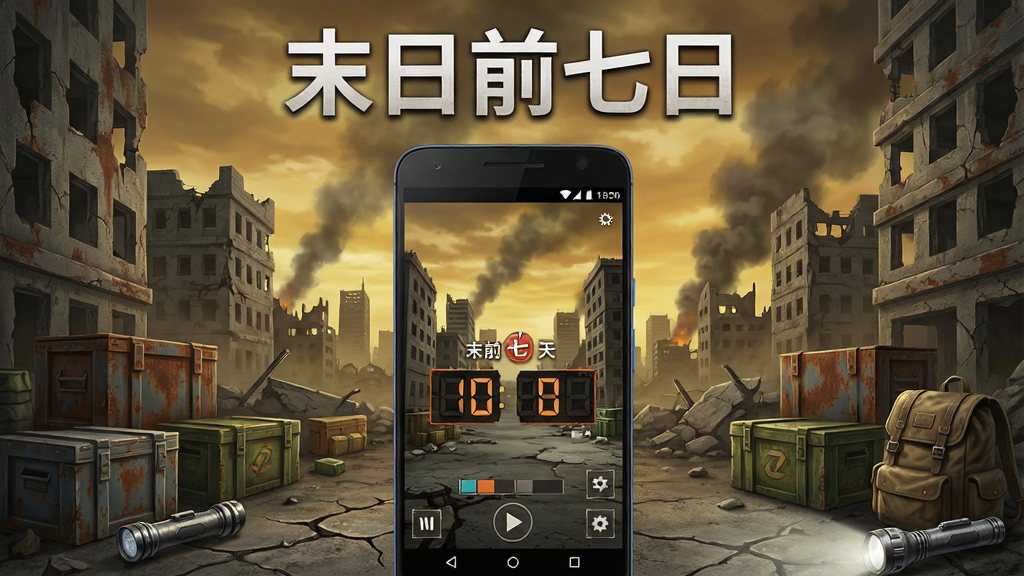 画面主体为一款末日生存题材手机游戏的主视觉场景,中央放置一部竖屏安卓手机,屏幕内显示废墟城市与倒计时七天的界面,手机周围环绕破败建筑、散落物资箱、远处昏黄天空与烟雾,布局采用中心对称构图,手机居中偏下,上方留出标题区域,风格为写实废土插画风,细节包含裂纹地面、锈蚀铁皮、背包与手电筒元素,画面中打文字“末日前七日”,画质高清,干净,无多余元素