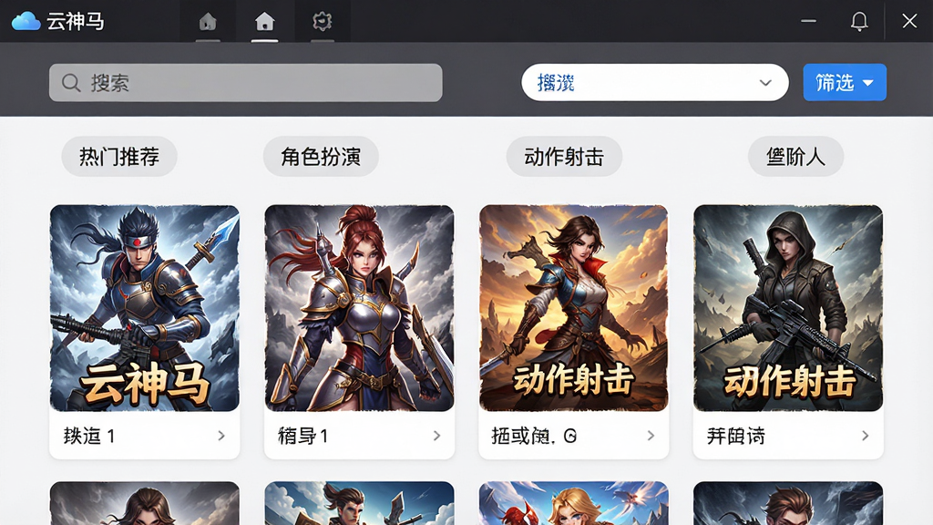 一张云神马游戏库分类页面的界面展示图,画面中呈现多个游戏分类标签如“热门推荐”“角色扮演”“动作射击”等,下方排列着游戏封面卡片,软件名称“云神马”位于顶部导航栏,布局为上下结构,风格清爽简约,细节包含搜索框与筛选按钮,画质高清,干净无多余元素