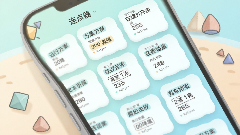 画面展示一部手机屏幕内出现多个排列整齐的方案卡片,每张卡片上写有方案名称与点位数量,卡片以圆角矩形呈现,背景为淡青色渐变,桌面上散落几枚几何图形装饰,整体采用柔和圆角插画风格,色调清新,细节简洁,画质清晰,卡片区域标注“连点器”字样