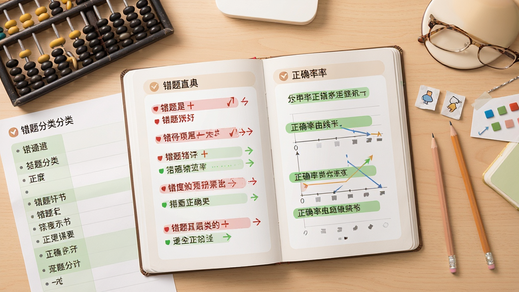 一张俯视视角的桌面场景,桌面中央摊开一本错题本样式的界面面板,面板上标注红色错题标记与绿色正确标记,旁边放置算盘与铅笔,布局左侧为错题分类右侧为正确率曲线图,风格温和学习氛围,细节丰富,画质干净,无多余装饰