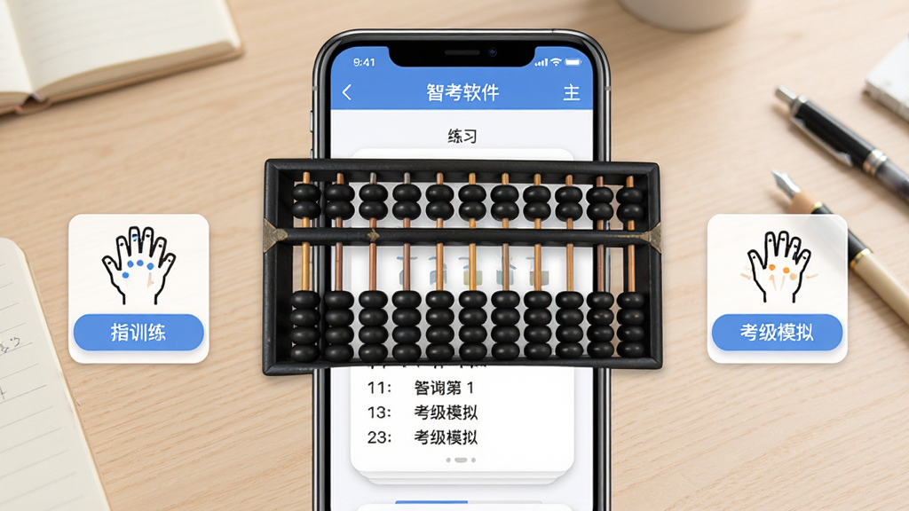 一张手机屏幕展示算盘智考软件主界面,画面中央是虚拟算盘与练习题目卡片,左右两侧分布指法训练和考级模拟入口按钮,背景为浅木色书桌与文具,整体风格清新简洁,排版疏密有致,细节清晰,画质干净,无多余元素