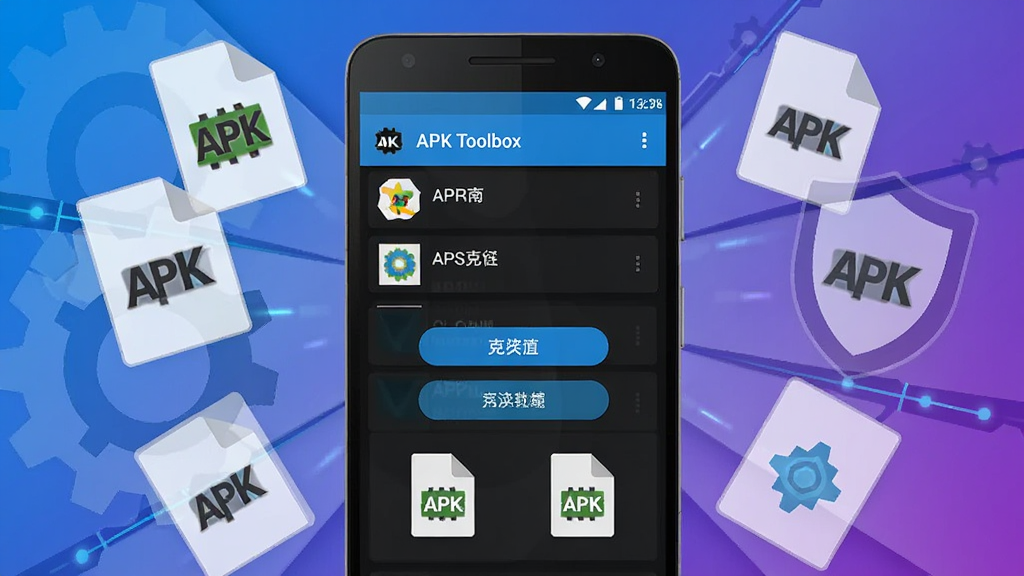 �����������һ����׿�ֻ����ֻ���Ļ����ʾ��APK Toolbox��Ӧ�ý��棬�����а���Ӧ���б�����¡��ť��APK�ļ�ͼ�ꣻ�ֻ���Χ���ư�͸����APK�ļ���Ƭ������ͼ�������ͼ�꣬���ֳʷ���״��������ñ�ƽ���Ƽ�������Ͻ��䱳����ϸ���ϼ���ϸ�߿���΢��Ч���������������ɾ����޶���Ԫ��