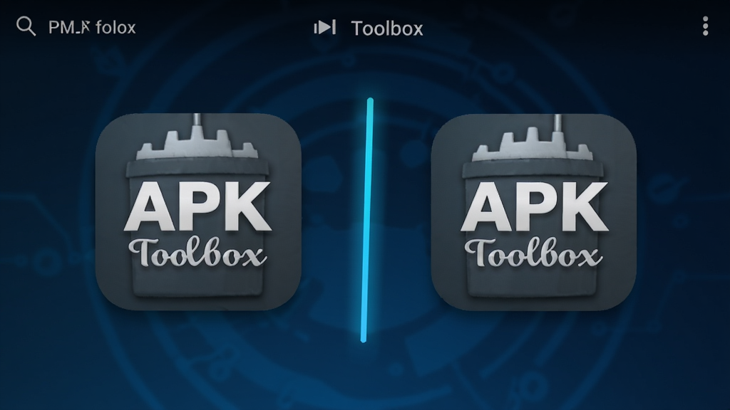 һ����׿�ֻ���Ļ������ʾ��APK Toolbox��Ӧ�ÿ�¡���棬������ͬ��Ӧ��ͼ�겢�ų��У��м���һ������ķָ��߸���������Ϊ����ɫ�Ƽ��н��䣬ͼ�������΢������Ӱ�����幹ͼ�Գƣ�������ִ������ʸ��壬�ɾ����޶���Ԫ��