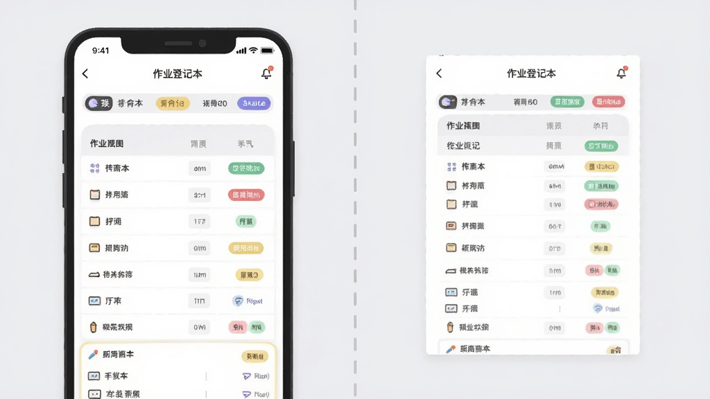 �����Ϊ���������֣��������ҵ�ǼǱ�APP�ı�����ͼ�����ͼ���廭���Ҳ���ͬһ����ҵ��¼��ͼƬԤ����ʽ���м������߷ָ������ֶԳ�ƽ�⣬���Ϊ�ִ���Լ��UIչʾͼ��ϸ�ڰ���ǳ��ɫ�����Ͳ�ɫ״̬��ǩ�����������ɾ��޶���Ԫ��