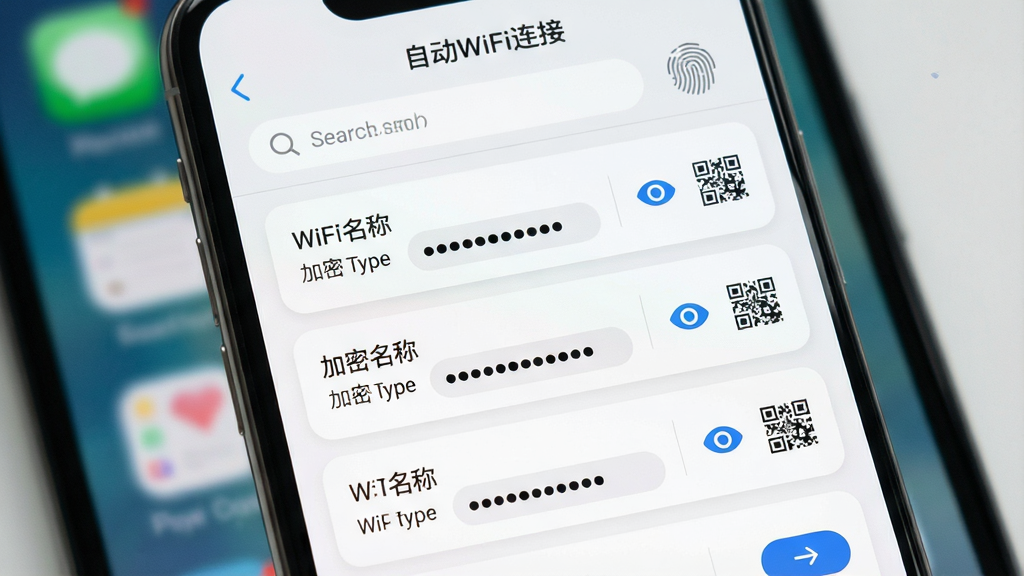 һ��չʾ���뱾���������ͼƬ������Ϊ�ֻ���Ļ��д����Ļ�����ǡ��Զ�WiFi���ӡ������������б�ҳ�棬ÿ����¼��ʾWiFi���ơ��������ͺ����ص������ֶΣ��Ҳ����۾�ͼ��Ͷ�ά��ͼ�꣬�������������ָ����֤��ʶ������Ϊ��ֱ�б�ʽ�����Ϊ�������磬ϸ�ڰ���Բ�ǿ�Ƭ��ǳ��ɫ�ָ��ߺ���ɫ������ť�����������������黯Ϊ�ֻ����棬�ɾ�������Ԫ��