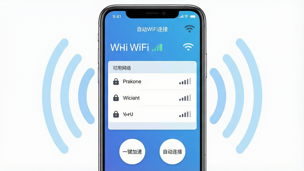һ��չʾ�����ֻ���Ļ��дʵ���ͼƬ�����������ǡ��Զ�WiFi���ӡ������������棬���������ɫ���䱳����������ʾ������WiFi���ƺ��ź�ǿ��ͼ�꣬�в�Ϊ���������б���ÿ��������������ͼ����źŸ񣬵ײ��С�һ�����١��͡��Զ����ӡ�����Բ�ΰ�ť���ֻ���Χ�����ŵ���ɫ�źŲ���ͼ�Σ����ּ����У����Ϊ�ִ��Ƽ���ƽ����ƣ�ϸ�ڰ���״̬��ʱ����ʾ�����ͼ���WiFi�źű�ʶ���������������������ɾ��޶���Ԫ��