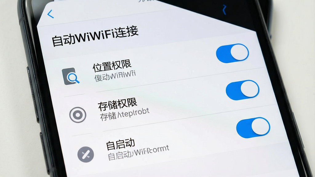 һ��չʾ�ֻ����ý����ʾ��ͼ������Ϊ�ֻ���Ļ��д����Ļ��ʾ���Զ�WiFi���ӡ�������Ȩ�޹���ҳ�棬����λ��Ȩ�ޡ��洢Ȩ�޺�������Ȩ�����������ÿ����������˵�����֣�����Ϊ��ֱ�б������Ϊ��������ϵͳ���÷磬ϸ�ڰ�����ɫ���ذ�ť����ɫ�ָ��ߺ�Ȩ��ͼ�꣬��������������Ϊǳɫ�ֻ����棬�ɾ��޶���Ԫ��