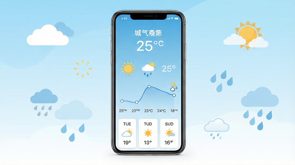 天气预报手机应用主界面展示,画面中央一部智能手机竖屏显示天气页面,顶部显示城市名称与当前温度,中部为晴雨图标与气温曲线,底部为多日预报卡片,整体布局居中对称,风格为清爽扁平化设计,浅蓝与白色渐变背景,细节包含云朵、太阳、雨滴等气象元素点缀,画质高清,画面干净,无多余元素