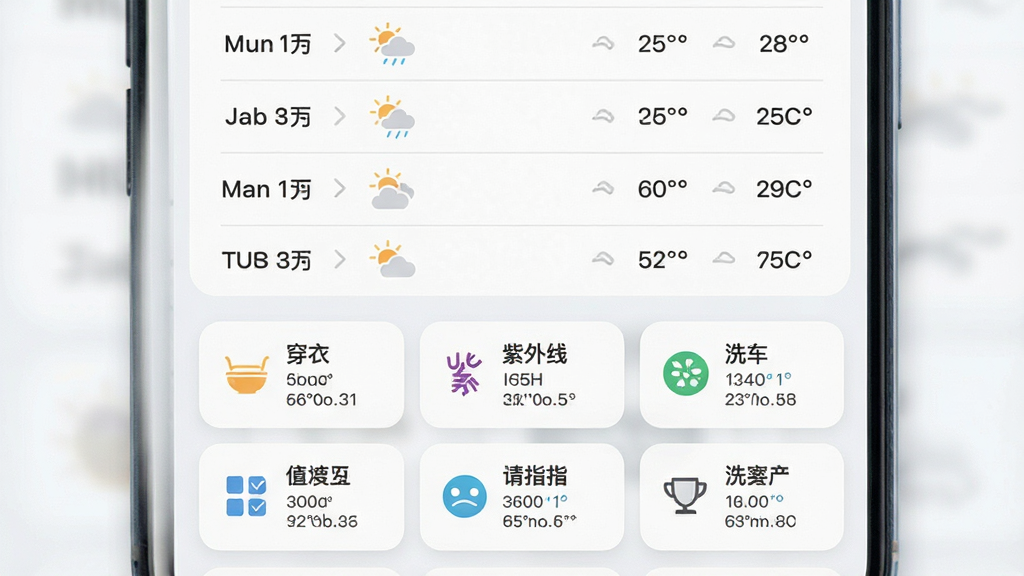 天气预报应用多日预报与生活指数页面,手机屏幕上半部分为七日天气列表,每行包含日期、天气图标与温度区间,下半部分为网格状生活指数卡片,包含穿衣、紫外线、洗车等图标与文字说明,布局上下分区清晰,风格为浅色卡片式设计,细节包含小图标与分隔线,画质高清,画面干净,无多余元素