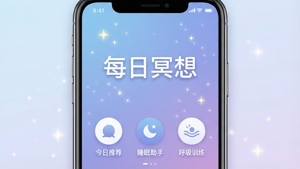 һ��չʾ�ֻ���Ļ��ͼƬ����Ļ����ʾÿ��ڤ��Ӧ�õ������棬����Ϊ��͵Ľ�������ɫ�����������С�ÿ��ڤ�롱�ĸ����֣��·������š������Ƽ�����˯�����֡�������ѵ��������Բ�ι���ͼ�꣬���岼�ּ��Գƣ��������������ϸ�ڴ��е������ǹ����ӵ�׺�����ʸ��壬����ɾ����޶���Ԫ��