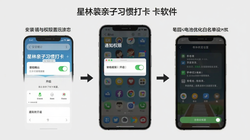 星林亲子习惯打卡软件安装与权限设置流程示意图,画面以手机屏幕为中心,分步骤展示安装确认、通知权限开启、电池优化白名单设置三个界面,步骤之间用箭头连接,背景为浅灰色,布局纵向排列清晰,风格教程图解式设计,细节包含权限开关与提示文字,画质干净整洁,无多余元素