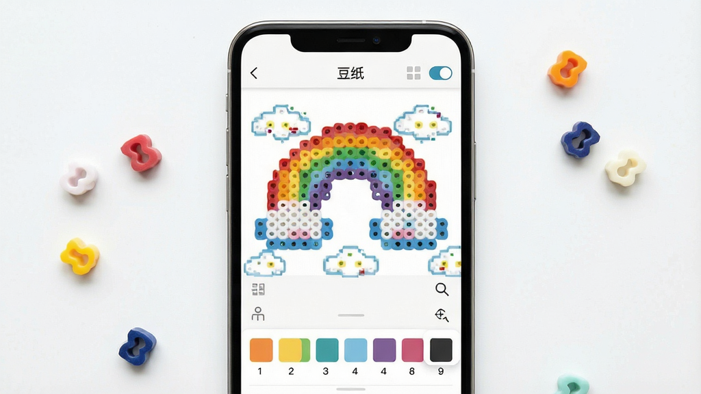 一张展示拼豆图纸预览界面的图片,画面主体是一部手机,屏幕显示
