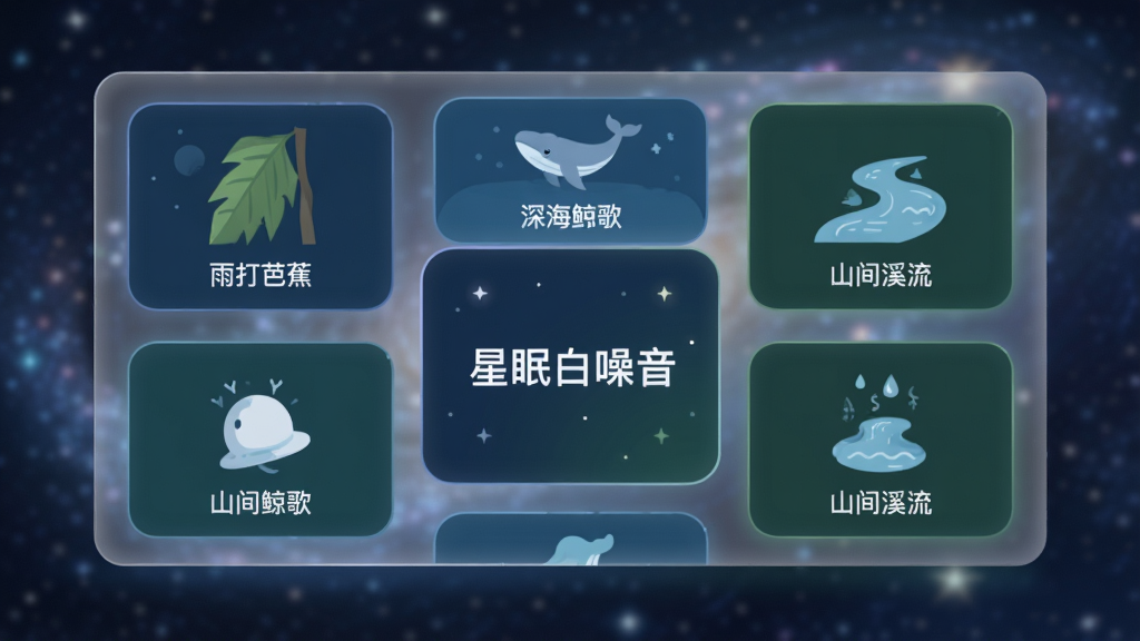 主体为星眠白噪音APP内的音效选择界面截图,画面被设计成漂浮在空中的半透明卡片。布局采用网格状排列,每张卡片代表一种声音场景,如“雨打芭蕉”、“深海鲸歌”、“山间溪流”。排版清晰,卡片上有图标和文字说明。风格为扁平化UI设计风格,色彩柔和,以深蓝和墨绿为主色调。细节上,卡片边缘有微光,背景是模糊的星空。画质清晰,干净,无多余元素,画面中央卡片上写着“星眠白噪音”。