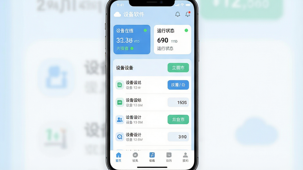 一张展示云指软件主界面的手机应用截图,画面中央为浅蓝色调的设备管理仪表盘,上方显示设备在线数量与运行状态卡片,中部为设备列表与快捷控制按钮,底部为导航栏,整体布局简洁清晰,风格为现代扁平化UI设计,细节包含圆角图标、状态指示灯与数据卡片,画质清晰干净,无多余元素