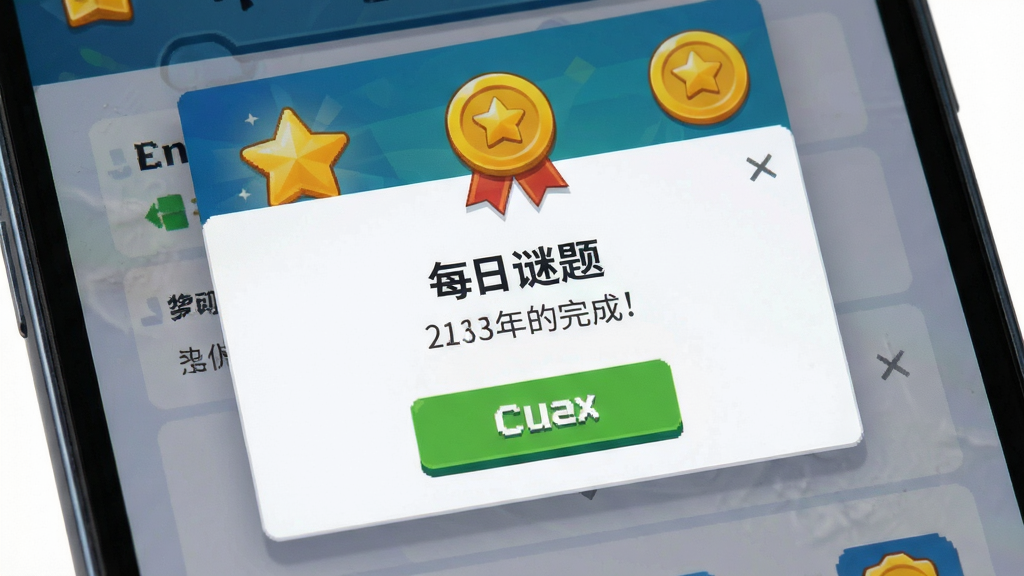 手机游戏界面特写,展示每日谜题弹窗与金币奖励图标,主体为屏幕中央的完成提示框,布局上下分层,风格为现代扁平化设计,细节包含金色星星、徽章图标、确认按钮,画质高清,干净无多余元素