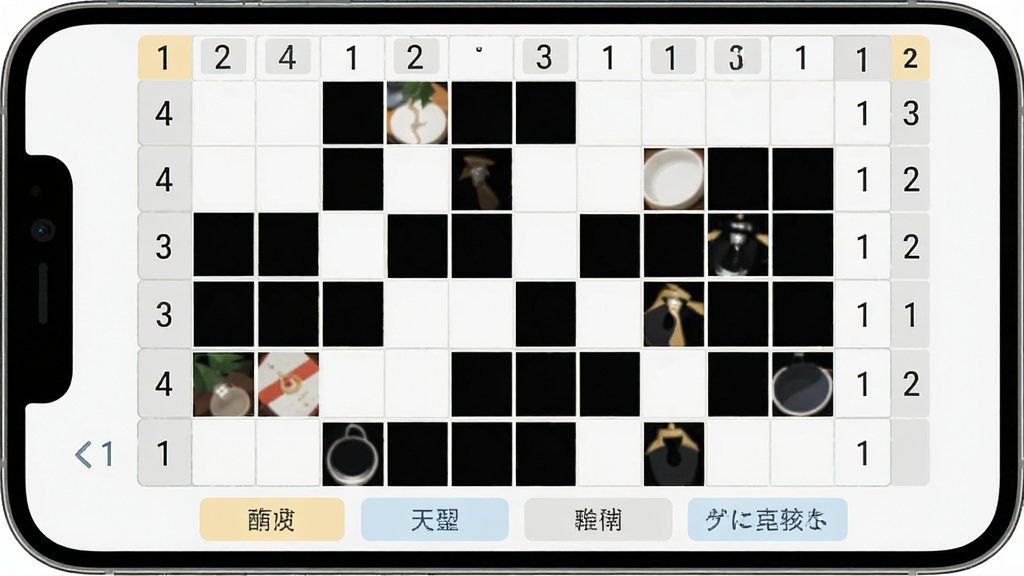 一张手机屏幕展示日本拼图游戏界面,网格中部分格子已填充为黑色色块,行列边缘标注数字提示,画面清爽明亮,主体居中,布局简洁,风格为扁平化UI设计,细节包含网格线、数字标签、底部功能按钮,画质高清,干净无多余元素