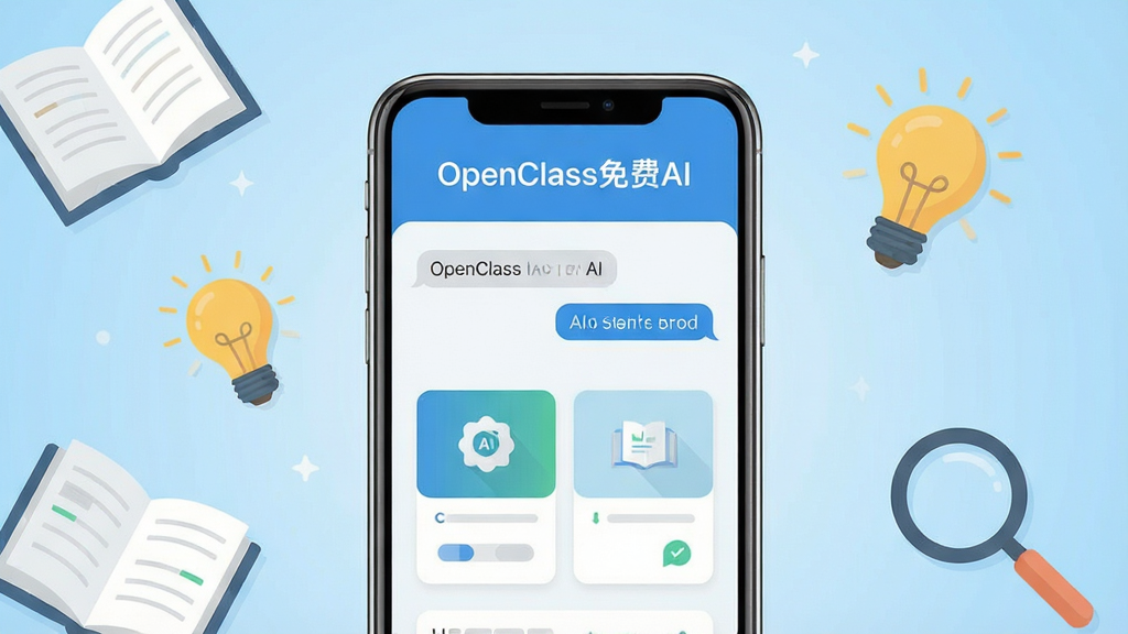 һ��չʾOpenClass���AIӦ�ý�����ֻ�����ͼ�������������ֻ���Ļ����Ļ�ڳ��ּ���AI�Ի���ѧϰ��Ƭ���֣������С�OpenClass���AI������������Ϊǳ��ɫ���䣬��Χ��׺�鱾�����ݡ��Ŵ󾵵�ѧϰԪ�أ���������ˬ�ִ�����ƽ����ƣ����������ɾ����޶���װ��