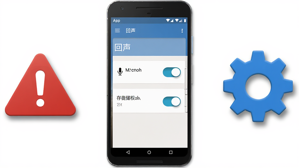 画面主体是一部安卓手机,屏幕显示“回声”App的权限设置页面,页面中有麦克风权限开关和存储权限开关,手机旁边有一个红色的警告图标和一个蓝色的齿轮图标,布局为手机居中、图标分列两侧,风格为简洁信息图插画,细节包括权限开关的高亮状态和图标阴影,画质高清,画面干净,无多余元素