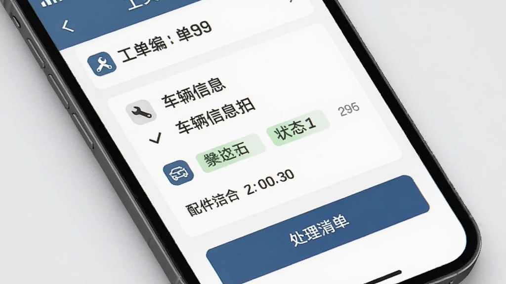 主体为手机界面展示售后工单详情与维修进度,布局为顶部工单编号、中部车辆信息、底部处理按钮,风格简洁专业,细节包含扳手图标、状态标签、时间戳与配件清单,画质清晰,画面干净,无多余元素,背景为浅灰