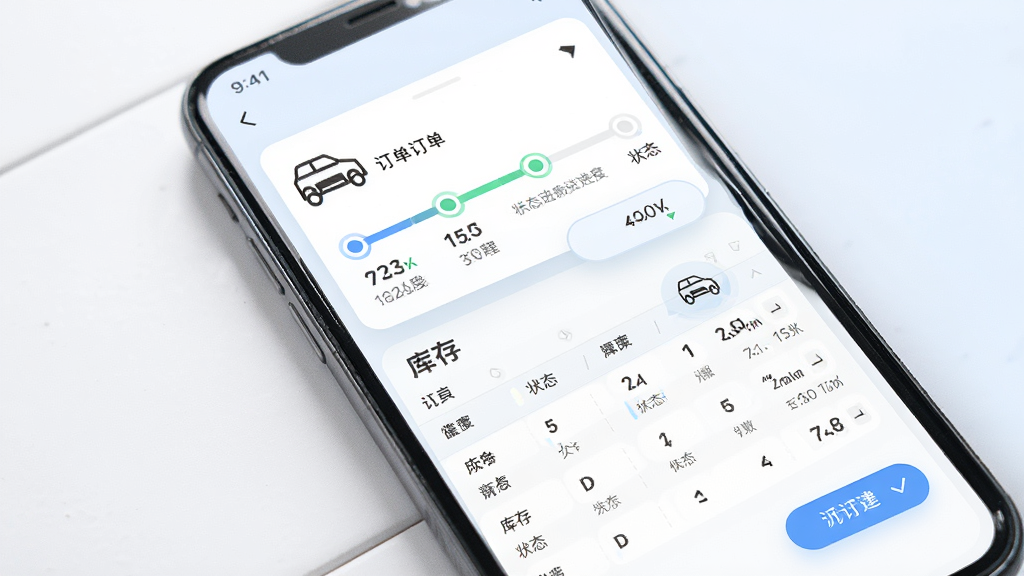主体为手机屏幕展示订单进度条与库存表格,布局为上下结构,上方订单卡片、下方库存列表,风格清爽商务,细节包含车辆轮廓图标、状态进度节点、数字统计与筛选按钮,画质高清,画面干净,无多余元素,背景为白色与浅蓝