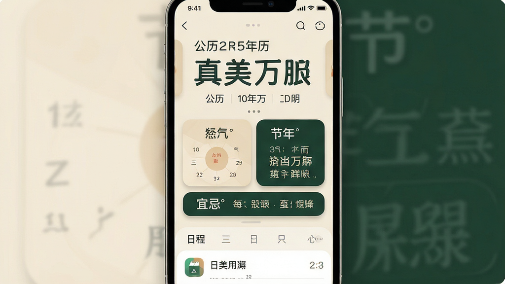 手机屏幕中央展示真美万年历应用主界面,上方显示公历日期与农历大字,中部为节气卡片和宜忌条目,下方为日程列表,整体采用浅米色与墨绿色搭配,界面排版干净整齐,风格为现代简约扁平化设计,细节包括圆角图标、清晰的中文字体、柔和的阴影层次,画质高清,画面干净,无多余元素