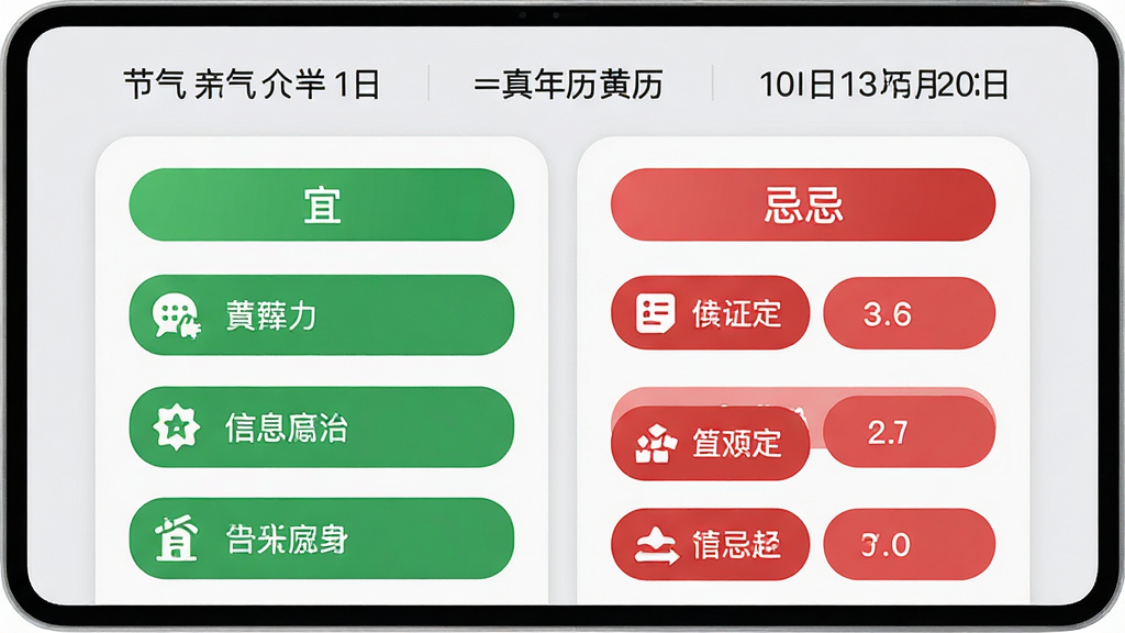 真美万年历黄历页面展示,屏幕中央为当日宜忌两栏对照布局,左侧宜字绿色标签列表,右侧忌字红色标签列表,上方显示节气名称与日期,背景为浅灰色,风格为信息卡片式设计,细节包括标签圆角、图标简洁、文字排列整齐,画质高清,画面干净,无多余元素