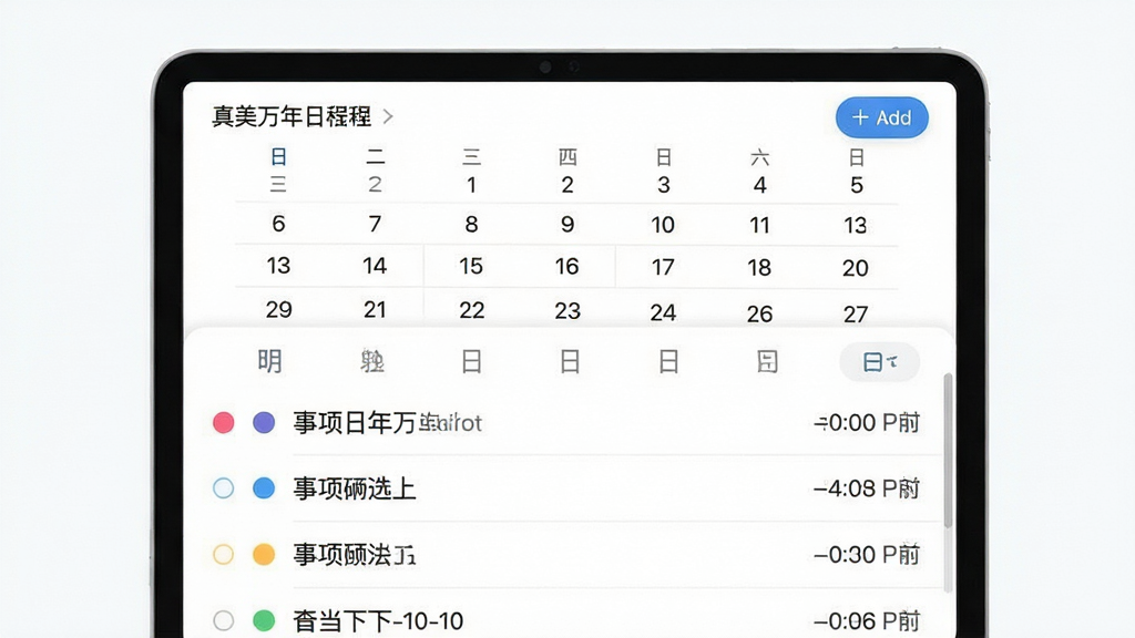 真美万年历日程管理界面,屏幕显示日历月视图下方为日程列表,列表项包含彩色圆点标记、事项名称与时间,顶部有添加按钮,背景为白色,风格为清爽卡片式布局,细节包括圆点颜色区分类型、字体大小层次分明、图标线条简约,画质高清,画面干净,无多余元素