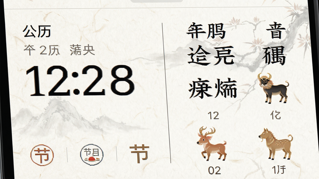 真美万年历应用内页特写,屏幕上半部分左侧为公历数字日期,右侧为对应农历文字与生肖图案,中间用细线分隔,背景为淡雅宣纸纹理,风格为传统与现代结合,细节包括精致的节气小图标、清晰的字体层级,画质高清,画面干净,无多余元素