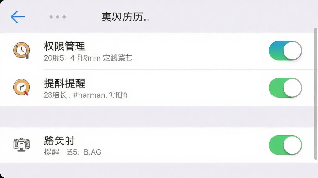 真美万年历应用设置页面截图,屏幕显示权限管理列表与提醒开关选项,界面为浅色背景,风格为系统设置风格,细节包括开关按钮、文字说明、图标简洁,画质高清,画面干净,无多余元素
