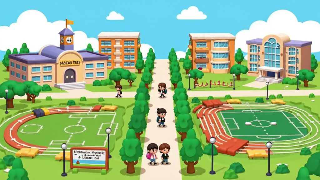 一张卡通风格的大学校园全景插画,画面主体为米加世界之大学校园,布局包含教学楼、宿舍楼、图书馆、操场与林荫道,中央有卡通学生角色走动,排版采用横向宽幅构图,风格为明亮活泼的扁平化卡通插画,细节包含蓝天白云、绿树、彩色建筑与校园标识牌,画质清晰干净,色彩饱满,无多余元素
