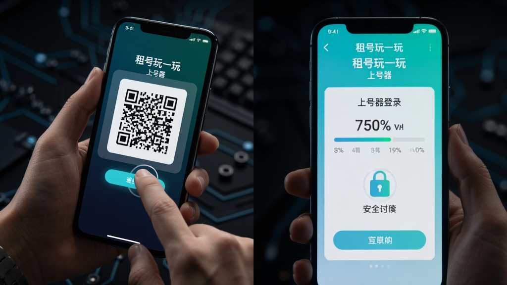 主体为一只手持手机进行扫码或点击操作的画面,屏幕显示上号器登录进度条;布局为手部特写与手机屏幕并排呈现;排版左侧为操作手势,右侧为进度界面;风格为写实科技风,深色背景突出屏幕光亮;细节包括屏幕上