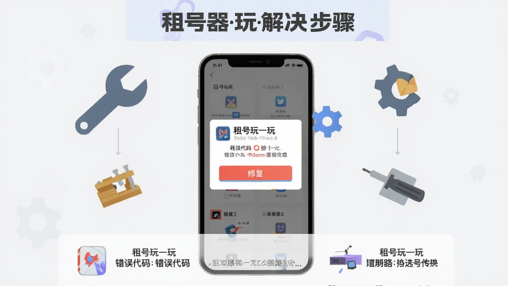 主体为一部手机屏幕显示上号器报错弹窗,旁边配有扳手与齿轮图标;布局为手机居中,工具图标环绕四周;排版上方为问题标题区域,下方为解决步骤示意;风格为扁平化信息图风格,浅灰背景;细节包括弹窗中