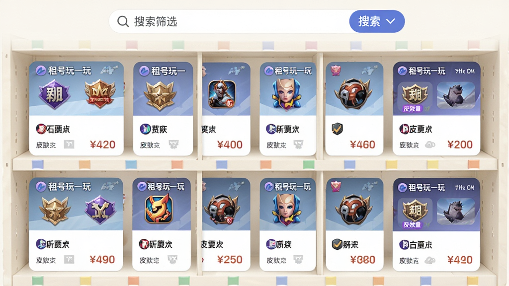 主体为多层货架式展示界面,每层陈列不同游戏的账号卡片;布局为纵向分层排列,顶部为搜索筛选栏;排版整齐有序,卡片间距均匀;风格为清新扁平化设计,浅色背景搭配彩色游戏图标;细节包括卡片上的