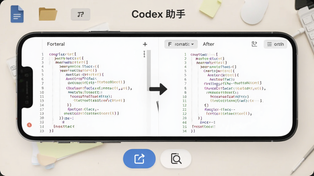 画面展示“Codex 助手”的代码整理界面,手机屏幕中左侧为杂乱缩进的代码,右侧为整理后整齐排列的代码,中间有一个箭头表示转换过程,手机下方有导出按钮与复制按钮图标,背景为浅色办公桌面风格,细节包括文件图标、格式化按钮、代码行号,画质清晰干净,无多余元素