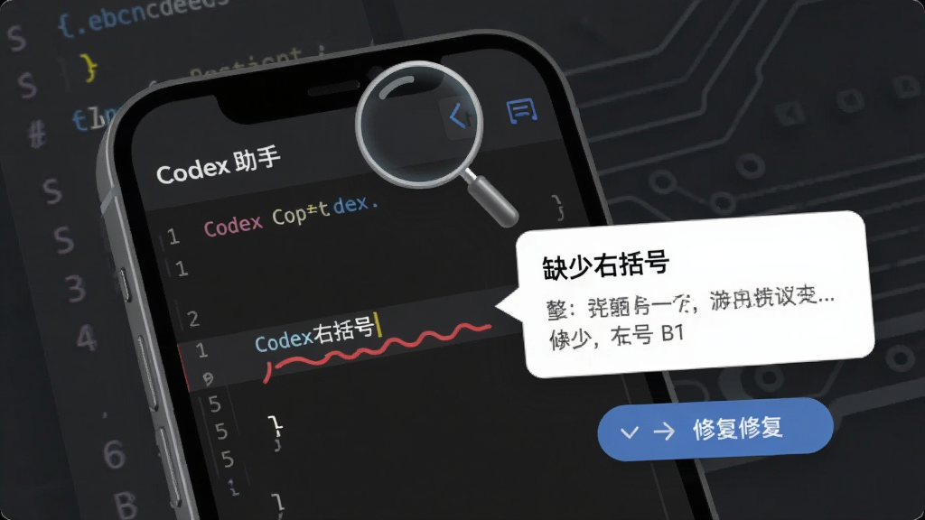 画面展示“Codex 助手”的错误排查界面,手机屏幕中代码编辑区某一行被红色波浪线标注,旁边弹出提示框显示“缺少右括号”与修改建议,手机上方有一个放大镜图标聚焦于错误位置,背景为深灰色科技风格,细节包括错误行高亮、提示气泡、修复按钮,画质清晰干净,无多余元素