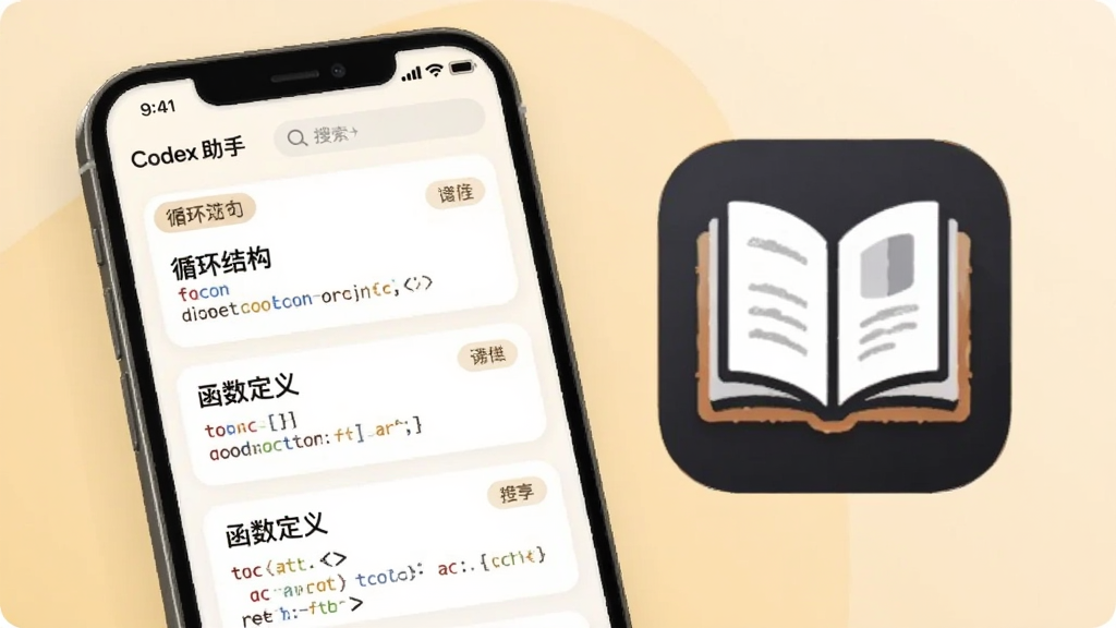 画面展示“Codex 助手”的离线语法查询功能,手机屏幕中显示语法卡片列表,卡片上印有“循环结构”“函数定义”等标题与简短代码示例,手机旁边放置一本翻开的电子书图标,背景为温暖的米黄色调,风格为清新阅读类插画,细节包括卡片圆角、分类标签、搜索框,画质清晰干净,无多余元素