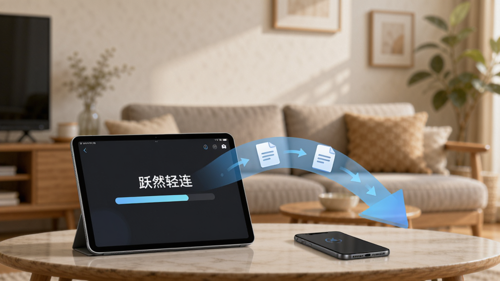 ���������ٴ��䳡��ͼ����������Ϊ�����������輸�Ϸ���һ̨ƽ����Ժ�һ���ֻ�������֮���ð�͸������ɫ���μ�ͷ���ӣ���ͷ�ڲ���С�ļ�ͼ��������ƽ������ʾ��ԾȻ������������Ƚ��棬����Ϊ��ɫ������ǳ��������������Ϊ��ܰ�Ҿӻ���������Ϊ�豸ռ�ݻ����°벿�֣��Ϸ�����ǽ��ռ䣬���Ϊдʵ���ƽ��ϵ����ֲ廭��ϸ���ϼ�ͷ�н���͸��Ч�����ļ�ͼ�������ɱ棬�����������ɾ����޶���Ԫ��