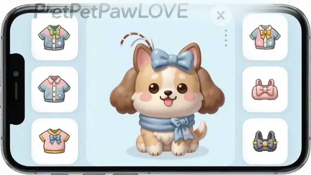 �������PetPawLOVEװ����棬�ֻ���Ļ����ʾһֻ������������Χ���Ŀ�ͨ����Ա����ж���װ������ͼ�꣬�������ǳɫԲ�ǿ�Ƭ���֣�������¿ɰ���ϸ�ھ��£����������ɾ�