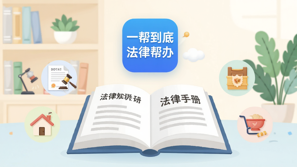 一张扁平化插画,画面中央是一本打开的法律知识手册,手册上方悬浮着“一帮到底法律帮办”字样的APP图标,手册两侧分布着合同、房屋、劳动、消费等主题的小图标,背景为浅色书架与绿植,风格清新简洁,配色柔和,画质干净清晰,无多余元素