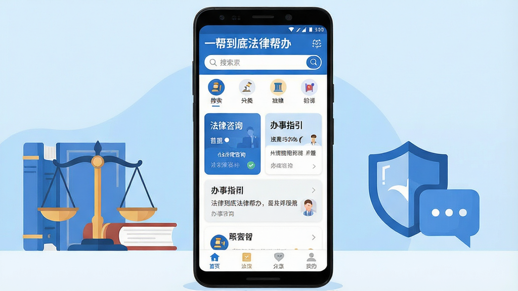 一张手机应用主界面展示图,画面中央是一部竖屏安卓手机,屏幕上显示一款名为“一帮到底法律帮办”的法律服务类APP首页,首页顶部有搜索框和分类图标,中部为法律咨询与办事指引卡片,底部为导航栏;手机周围以浅蓝色渐变背景衬托,左侧放置法律书籍与天平图标,右侧放置盾牌与对话气泡图标;整体采用扁平化插画风格,配色以蓝白为主,画面干净整洁,细节清晰,高清画质,无多余元素