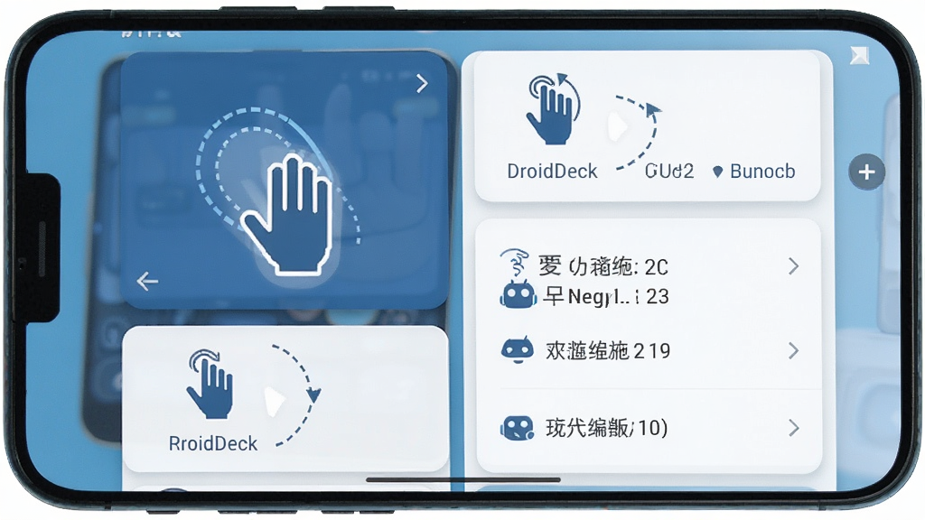 DroidDeck ��������ҳ�棬�ֻ���Ļ��ʾ���ƻ����켣ʾ��ͼ�빦�ܰ��б���������ÿ�Ƭʽ���֣�ÿ�ſ�Ƭ����һ������ͼ��Ͷ�Ӧ�������ƣ����Ϊ��ˬǳɫϵ���߽��棬ϸ�ڰ������߹켣���ͷָʾ����������������ɾ��޶���Ԫ��