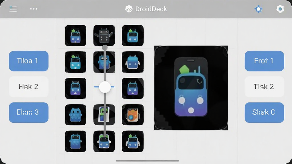 DroidDeck ���������沼�����ý��棬�ֻ���Ļ������ʾ������ڻ�����ͼ���СԤ������������ֲ���������ѡ��ť������Ϊǳ��ɫ��壬����๤����UI��ϸ�ڰ���ʵʱԤ����Сͼ�����У���������������ɾ��޶���Ԫ��