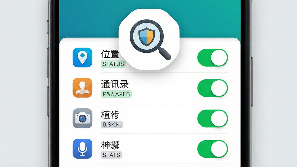 画面中央为手机屏幕展示应用权限列表界面,列表项包含位置、通讯录、相机、麦克风等权限图标与开关状态,屏幕上方悬浮一个放大镜与盾牌组合图标,背景为浅灰色简约风格,布局上下结构,排版规整,风格商务简洁,细节包含权限名称文字、应用图标、状态标签,画质高清,画面干净,无多余元素