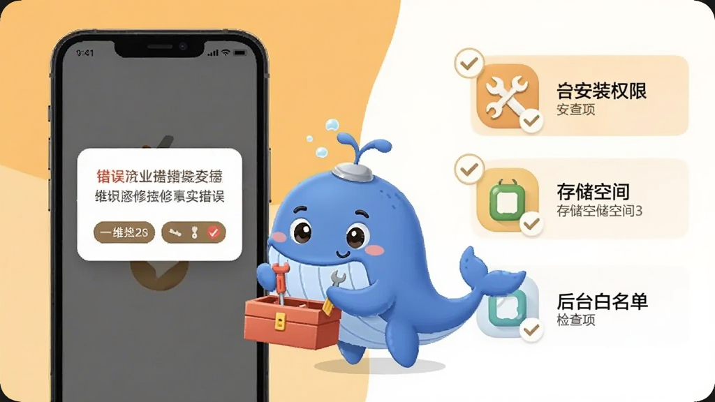 画面展示一部手机屏幕出现错误提示弹窗,旁边一只蓝色鲸鱼卡通形象手持工具箱做出维修动作,画面右侧列出安装权限、存储空间、后台白名单等检查项图标,背景为浅橙色与白色搭配,布局左图右表,排版清晰,风格友好插画,细节包含弹窗文字、工具图标、勾选标记,画质高清,画面干净,无多余元素