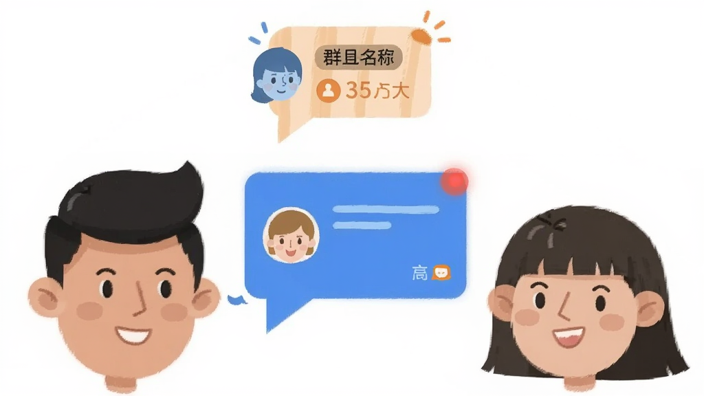 主体为三个卡通人物头像围绕一个群组聊天气泡,布局为三角形环绕结构,排版均衡,风格为友好扁平插画风,细节包括群组名称标签、成员数量标识、消息红点、蓝色与橙色点缀,画质清晰干净无多余元素